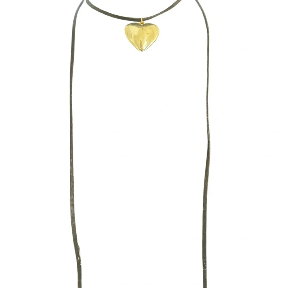 Puffy Gold Heart,Black straps Adjustable Choker Necklace - Picture 2 of 4